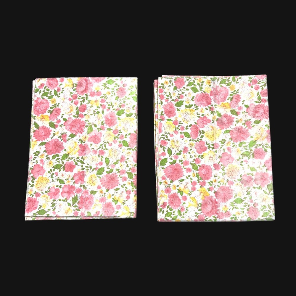 Vintage Cannon Royal Family Floral Pillowcase Set Pink Yellow Percale Made USA